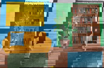 A design of a room with a yellow couch, blue cushion, a plant, a bookshelf and blue, yellow and green wallpaper