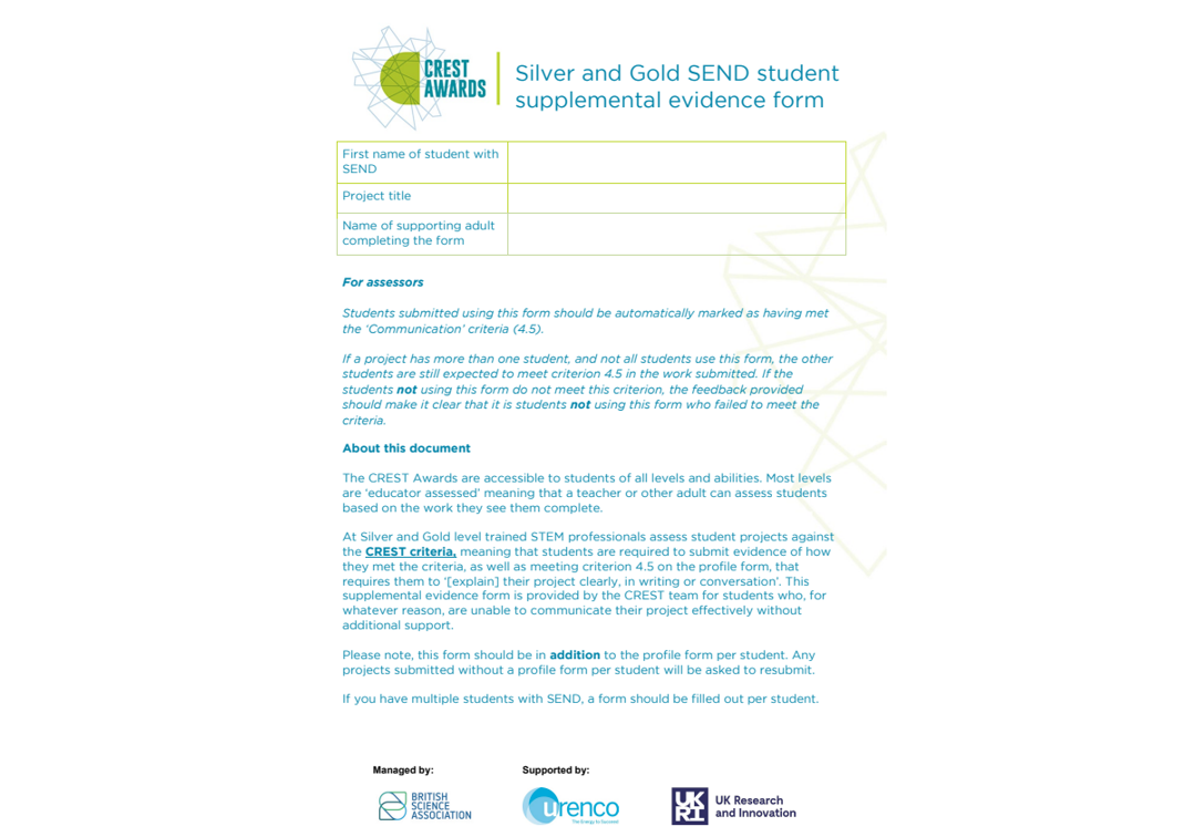 CREST Silver & Gold SEND evidence form 1 - written details | CREST Awards