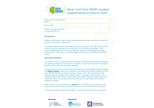 CREST Silver & Gold SEND evidence form 1 - written details | CREST Awards