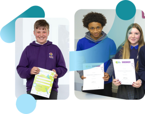 Three children smile while holding their CREST certificates, one primary pupil with his SuperStar certificate and two secondary students with Discovery certificates.