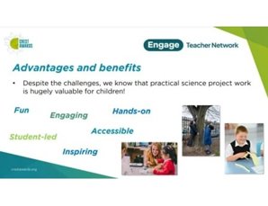 Word cloud on the advantages and benefits of practical science work: Fun, engaging, inspiring, student-led, accessible, and hands-on.