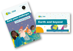 Covers 'Earth and beyond' early years challenges resource showing an animated family pointing to the stars