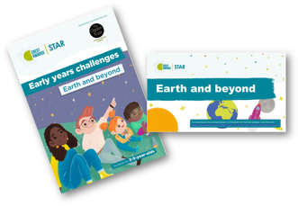 Covers 'Earth and beyond' early years challenges resource showing an animated family pointing to the stars